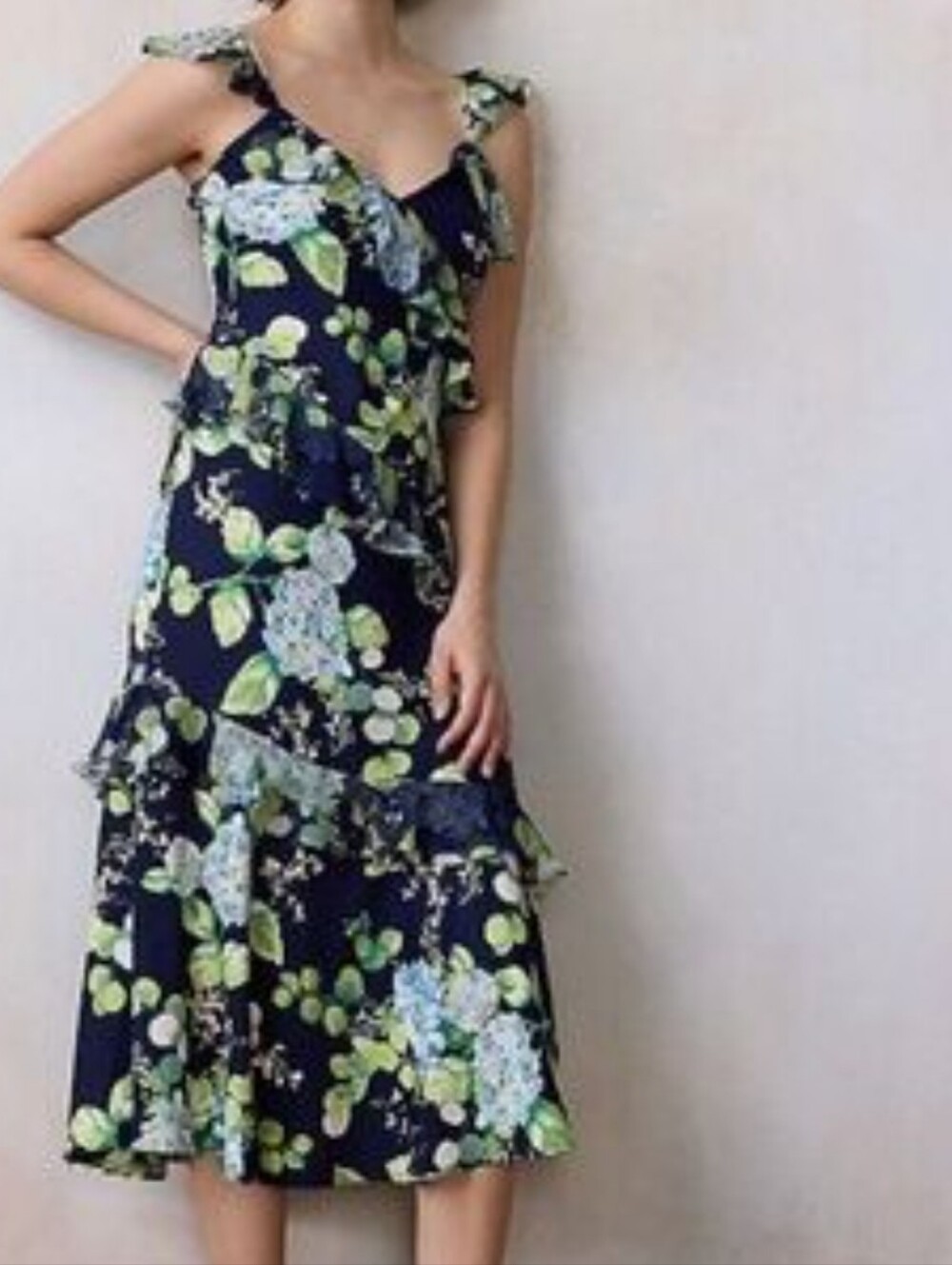 LC Lauren Conrad Navy Floral Ruffle Midi Dress